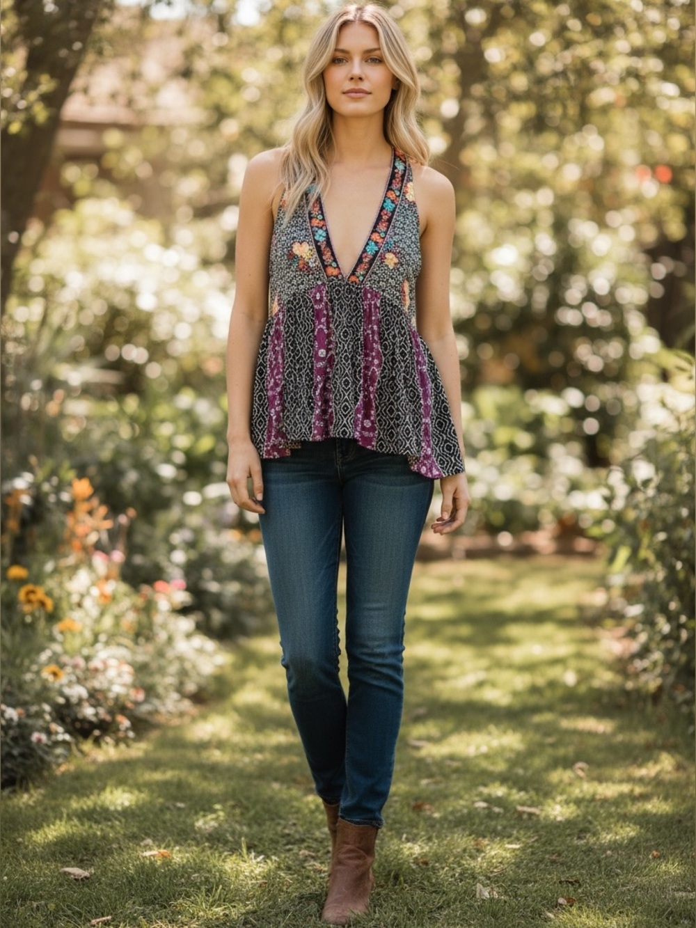 Free People Dream Darlin’ Tank Top NWT XS‎ Boho Floral Print Plunging V-Neck